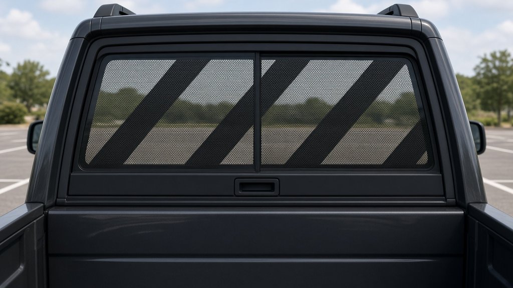 Pickup truck rear window wrapped in a perforated see-through graphic; the dot pattern shows the image outside while the driver can still see out